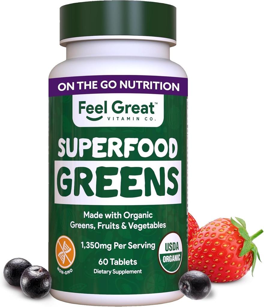Feel Great Vitamins Super Greens Tablets | Organic Greens, Fruits and Veggies Supplement | Fruit and Veggie Supplement with Kale, Spinach Extract, Green Onion, and More, 60 Tablets