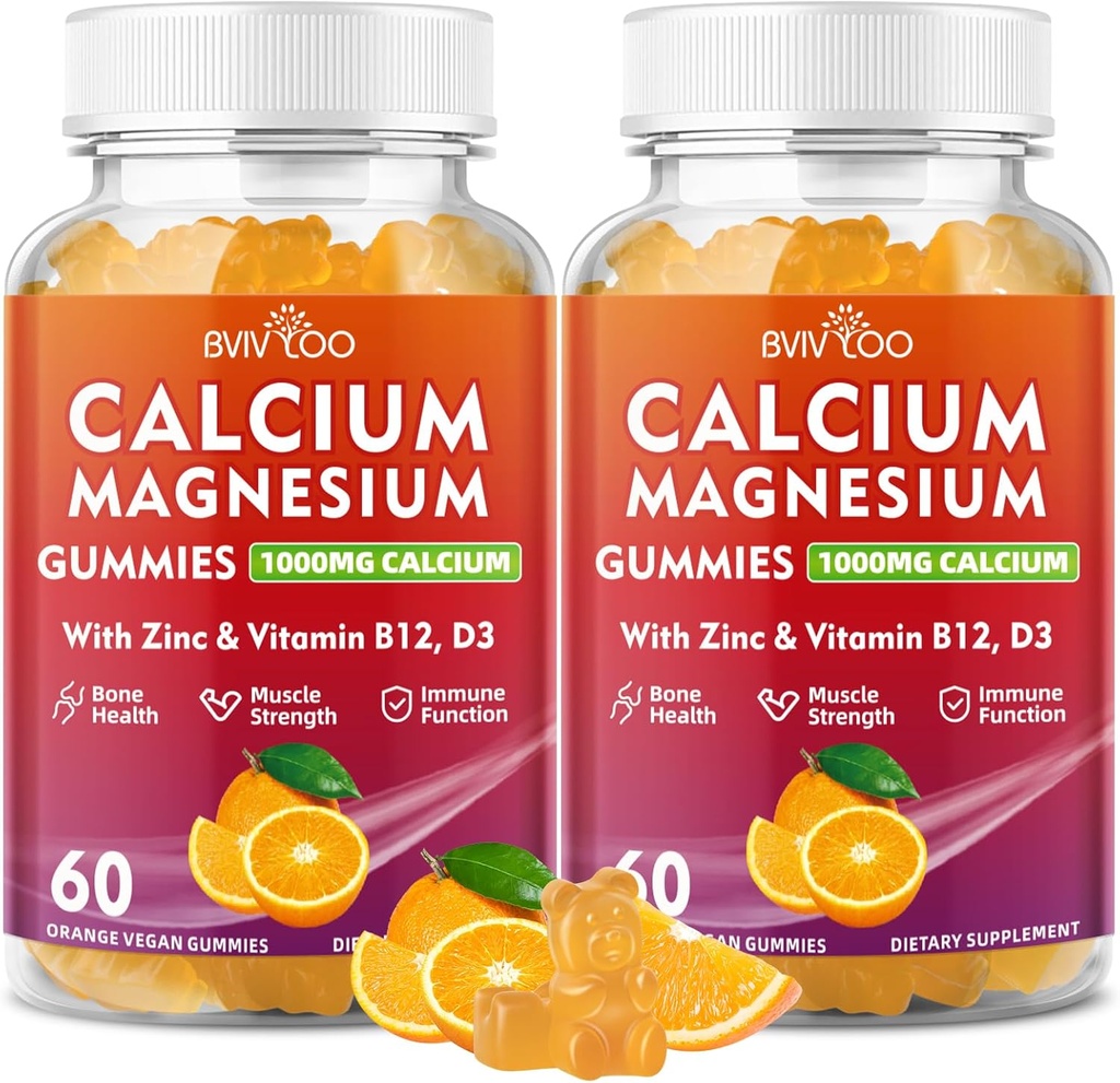 2 Pack Calcium Gummies 1000mg with Vitamin D3 K2 & B Complex, Potassium, Calcium Magnesium Zinc Gummies for Bone, Muscle, Mood and Immunity - Orange Flavor 120 Gummies