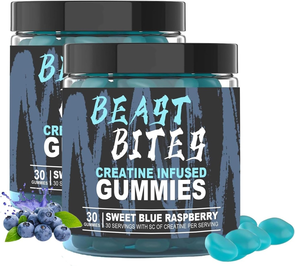 DYALE Beast Bites Creatine Bites - 5g Creatine Monohydrate Per Serving - No Sugar or Artificial Colors - Low-Calorie, Vegan & Halal - Blue Raspberry Flavor - 30 Gummies (2pcs)