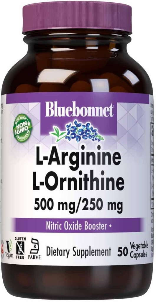 Bluebonnet Nutrition L-Arginine 500mg/L-Orinithine 250mg, Supports Protein Metabolism*, Soy-Free, Gluten-Free, Non-GMO, Kosher Certified, Vegan, 50 Vegetable Capsules, 50 Servings