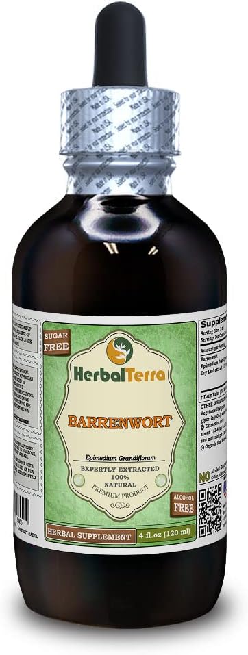 Barrenwort (Epimedium grandiflorum) Glycerite, Dried Leaves Alcohol-Free Liquid Extract (Brand Name: HerbalTerra, Proudly Made in USA) 4 fl.oz (120 ml)