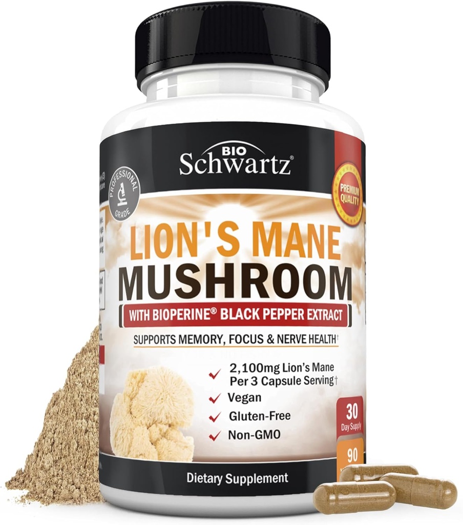 BioSchwartz Organic Lions Mane Supplement Capsules (90 Count) 2100mg Lions Mane Mushrooms with BioPerine for Max Absorption, Active Compound Verified, Nootropic Brain Supplements for Memory and Focus