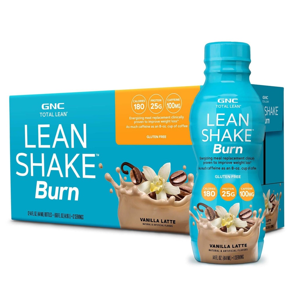 GNC Lean Shake Burn With Caffeine, Clinically Proven Weight Management, Ready to Drink Meal Replacement, 25g Protein with Zero Added Sugar, Vanilla Latte, Pack of 12