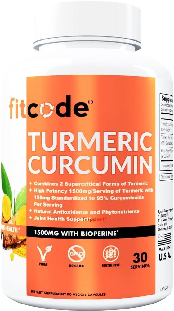 fitcode Turmeric Curcumin with 95% Curcuminoids, Highest Potency, Non-GMO, Gluten Free, 1500mg of Ultra-Pure Turmeric Curcumin with BioPerine for Enhanced Absorption, 30 Serving Veggie Capsules