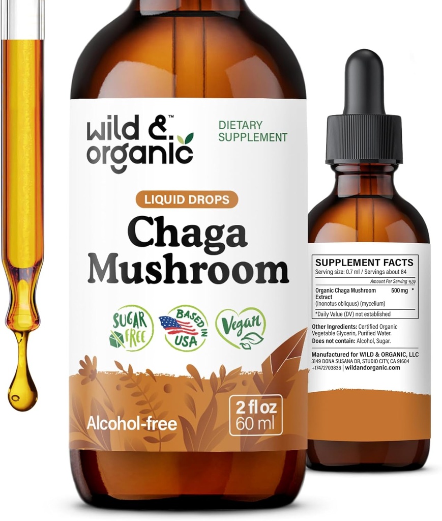 Wild & Organic Chaga Mushroom Tincture - Immune Support with Chaga Mushroom Extract Liquid - Immunity Drops Supplement - Vegan, Sugar & Alcohol-Free - 2 fl oz