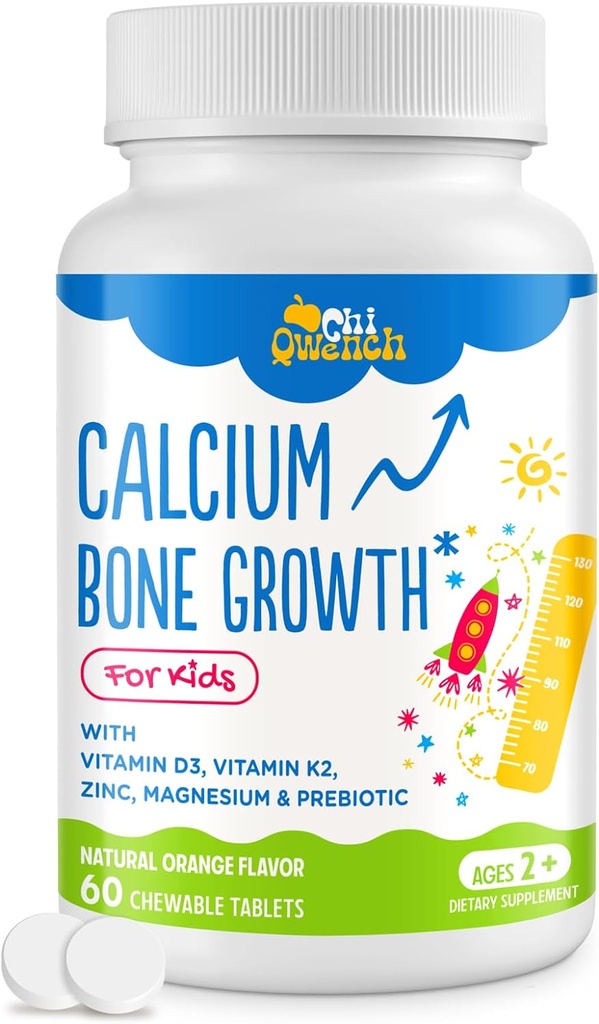 500 MG Calcium Supplement with Vitamin D3 & K2, Zinc, Magnesium & Prebiotics. Kids Vitamins for Kids' Height. Bone Strength, High Absorption, Orange Chewables, Non-GMO, Gluten Free, 60 Tabs