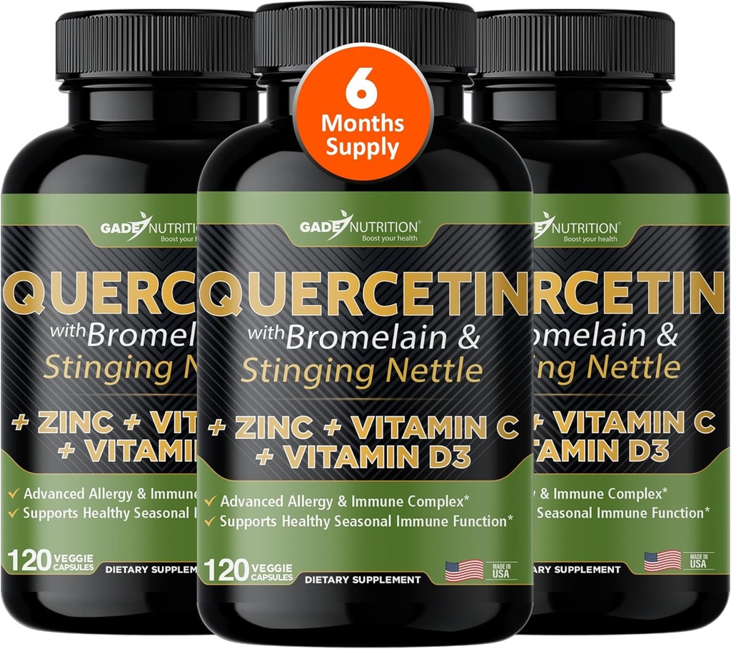 Gade Nutrition Quercetin with Vitamin C, Zinc & Stinging Nettle - Nettle Quercetin - Quercetin 500mg - Quercetin with Bromelain - Zinc Quercetin + Vitamin D3-360 Veggie Caps - 6 Month Supply
