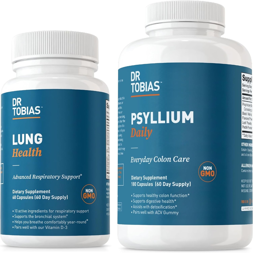 Dr. Tobias Lung Health & Psyllium Daily Supplements, Lung Cleanse & Detox Formula, Supports Healthy Bowel Movements with Psyllium Husk, Vitamin C, Butterbur, Quercetin, Daily Fiber and Lung Supplement