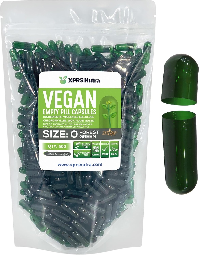 XPRS Nutra Size 0 Empty Capsules - 500 Count Empty Vegan Capsules - Vegetarian Pills - DIY Vegetable Capsule Filling - Veggie Pill Caps for Do-It-Yourself Supplements (Forest Green)
