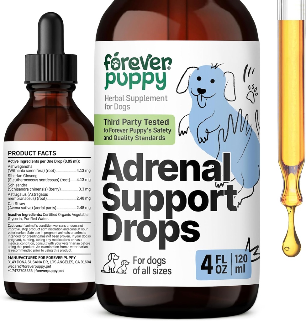 Forever Puppy Adrenal Support Drops for Dogs - Pure Ashwagandha & Ginseng Root Extract for Energy Support - Calming Supplement for Dogs of All Breeds & Sizes - 4 fl oz