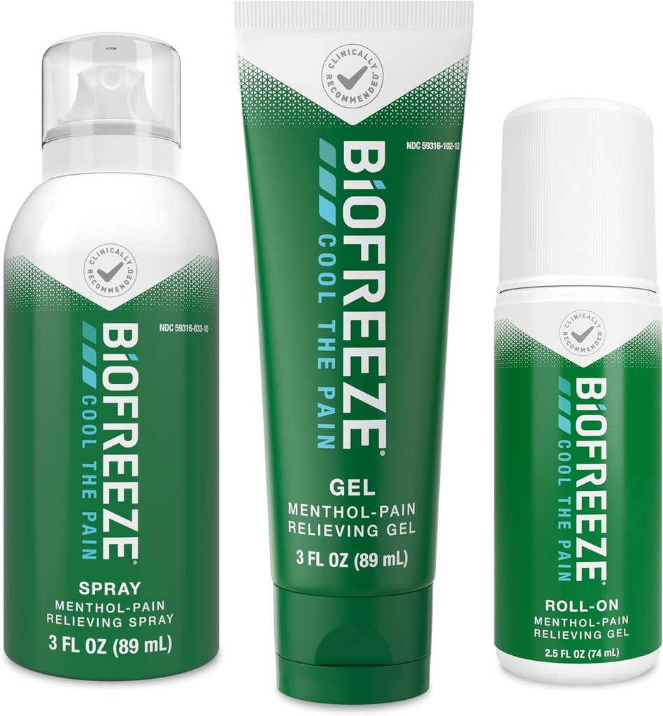 Biofreeze Pain Relief Roll-On 2.5 FL OZ, Gel 3 FL OZ, And Spray 3 FL OZ Variety Pack Topical Pain Reliever For Muscles And Joints From Arthritis, Backache, Strains, Bruises, Sprains (Package May Vary)