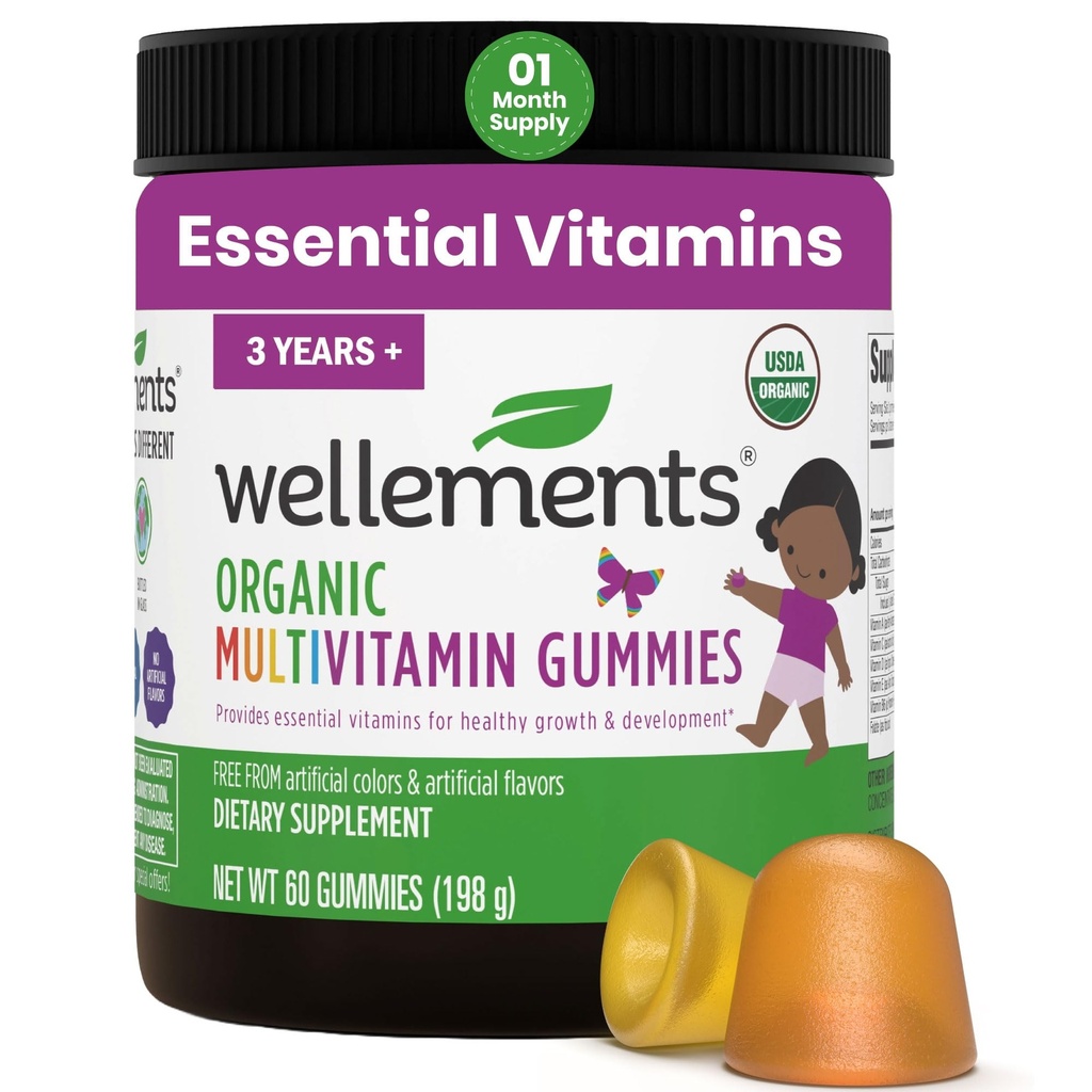 Wellements USDA Organic Kids Multivitamin Gummies 60 Ct (3+ Years) | Essential Kids Vitamins A, B, C, D, E & Zinc | Supports Healthy Growth & Development* | Non-GMO, No Gluten & No Artificial Colors