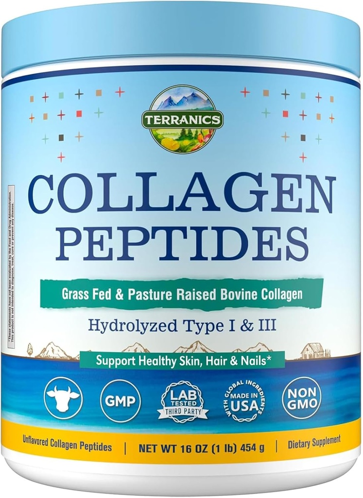 Terranics Hydrolyzed Collagen Peptides Powder, Grass Fed & Pasture Raised Bovine, Type I & III Collagen for Women, No Sugar, No Hormones, Keto, Beauty Support, Easy Mixing, Unflavored, 16oz