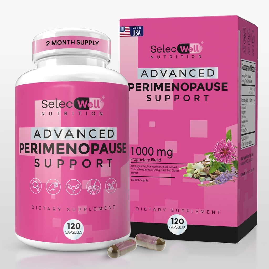 Perimenopause & Menopause Support Supplement for Women – Multi‑Symptom Relief with Black Cohosh & Red Clover Isoflavones | Ashwagandha Adaptogen & Herbal Blend | Hormone Balance Support | 120 Capsules