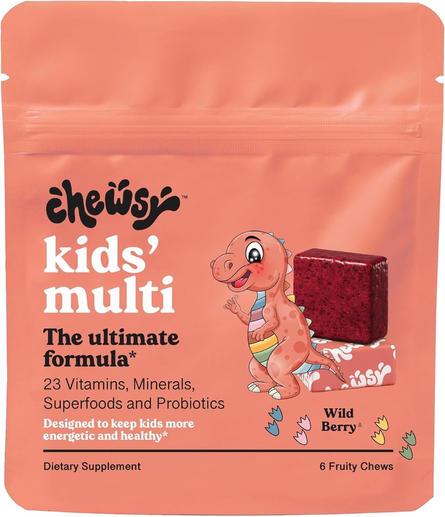 Chewsy Kids' Multivitamin + Probiotics + Superfoods Chews, Immune & Digestive Support, Vitamins A, C, D3, E, Zinc, Kids Chewable Supplement, Individually Wrapped Fruity Chews, 6-Day Supply (1)