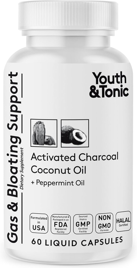 Youth & Tonic Activated Charcoal Pills for Bloating and Gas Relief to Soothe The Stomach and Digestive System Detox with Peppermint & Organic Coconut Oil, for Men & Women - 60 Liquid Capsules