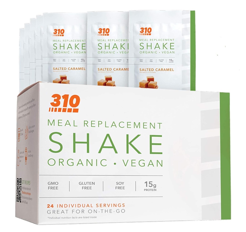 24 CT Organic Shake Box - Vegan Plant Protein Powder and Meal Replacement Shake - By 310 Nutrition - Gluten, Dairy and Soy Free - 0g of Sugar | Keto and Paleo Friendly (Salted Caramel)