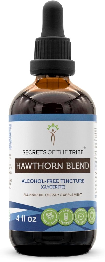 Secrets of the Tribe Hawthorn Blend Tincture Alcohol-Free Extract, Hawthorn (Crataegus spp.) Dried Leaf, Flower, Berry 4 oz