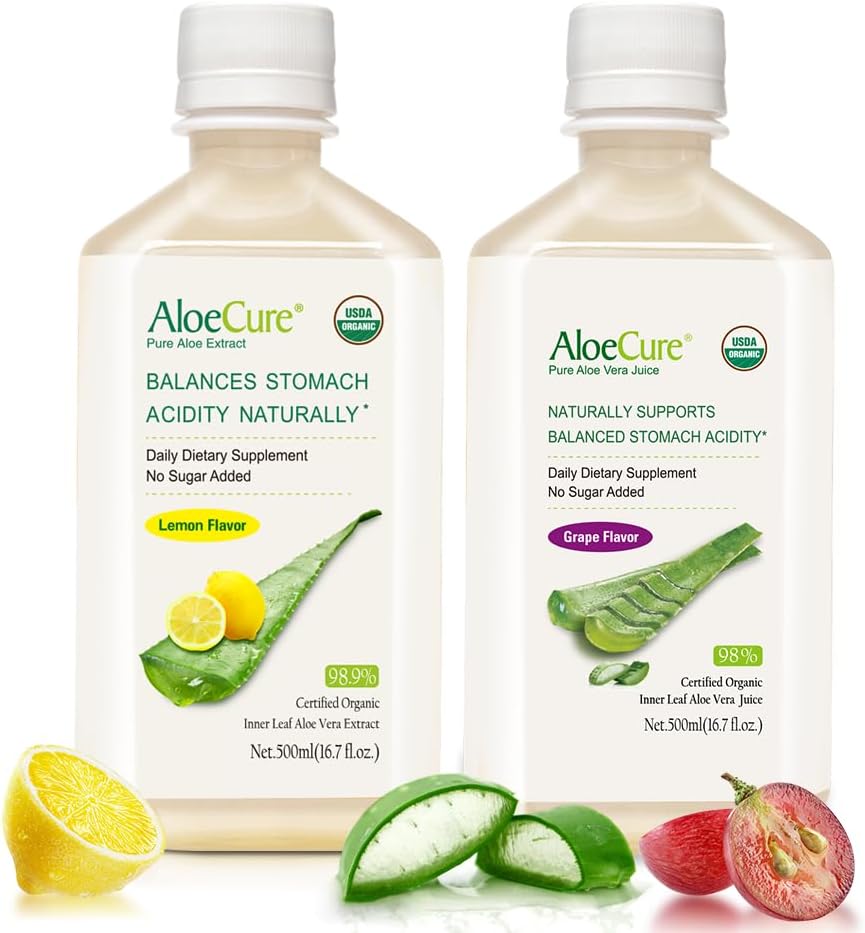AloeCure Organic Aloe Vera Juice - 2 Bottle Sample Pack - Lemon and Grape Flavor - 2x500ml