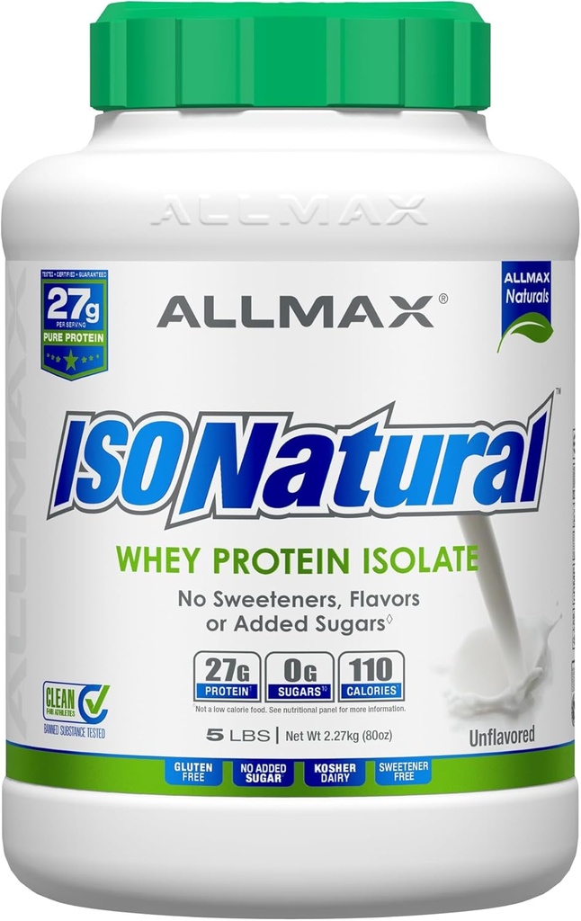ALLMAX ISONATURAL Whey Protein Isolate, Unflavored - 5 lb - 27 Grams of Protein Per Scoop - Zero Fat & Sugar - 99% Lactose Free - with Prebiotics - No Artificial Flavors - Approx. 78 Servings