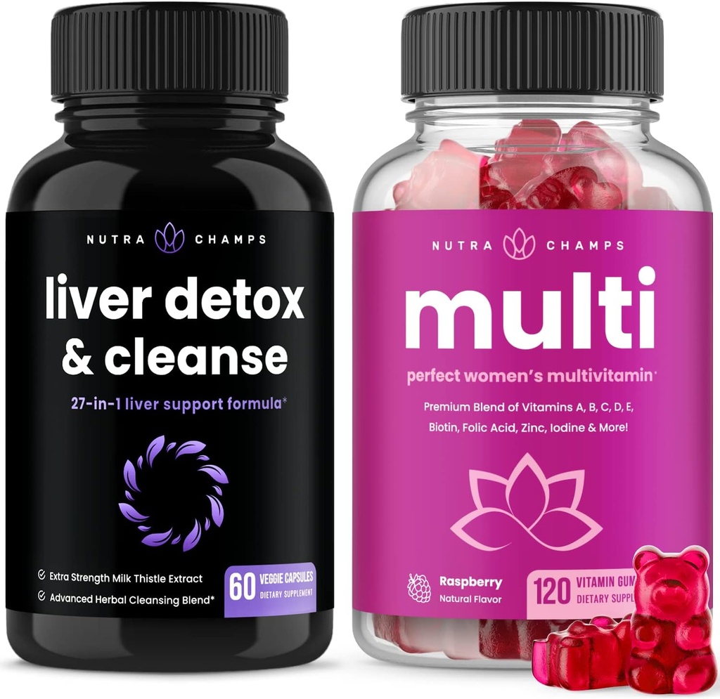 NutraChamps Liver Cleanse Detox Capsules and (2-Pack) Women's Multivitamin Gummies Bundle