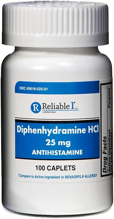 Reliable 1 Diphenhydramine HCI 25mg Antihistamine 100 Caplets (1 Bottle)
