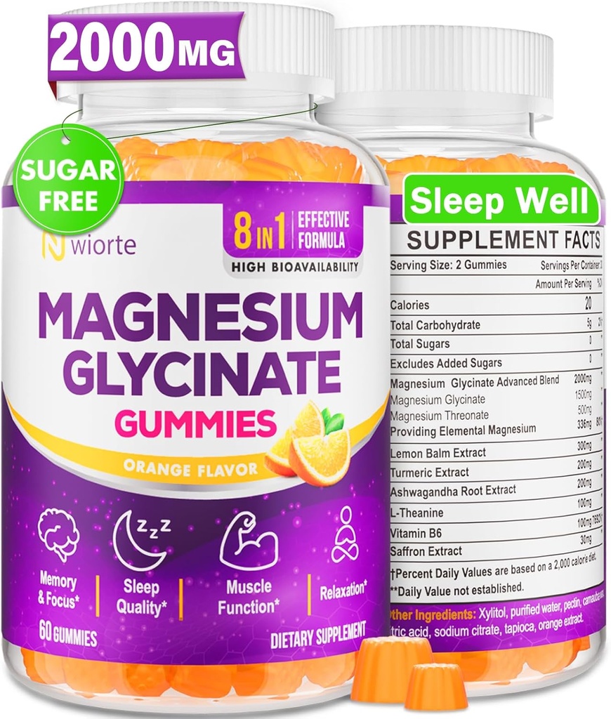 Magnesium Glycinate Gummies Supplement for Adults Women, Magnesium Gummies with L-Threonate, Ashwagandha, Vitamin B6- Sleep, Relaxation, Calm, Energy, Vegan, Sugar Free, 60 Count