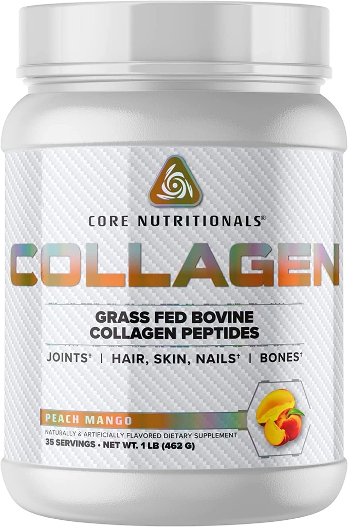 Core Nutritionals Hydrolyzed Collagen Peptides | Type I & III from Grass Fed Bovine | Hair, Skin, & Nails | Bone & Joint Support | 1 Pound (Peach Mango)