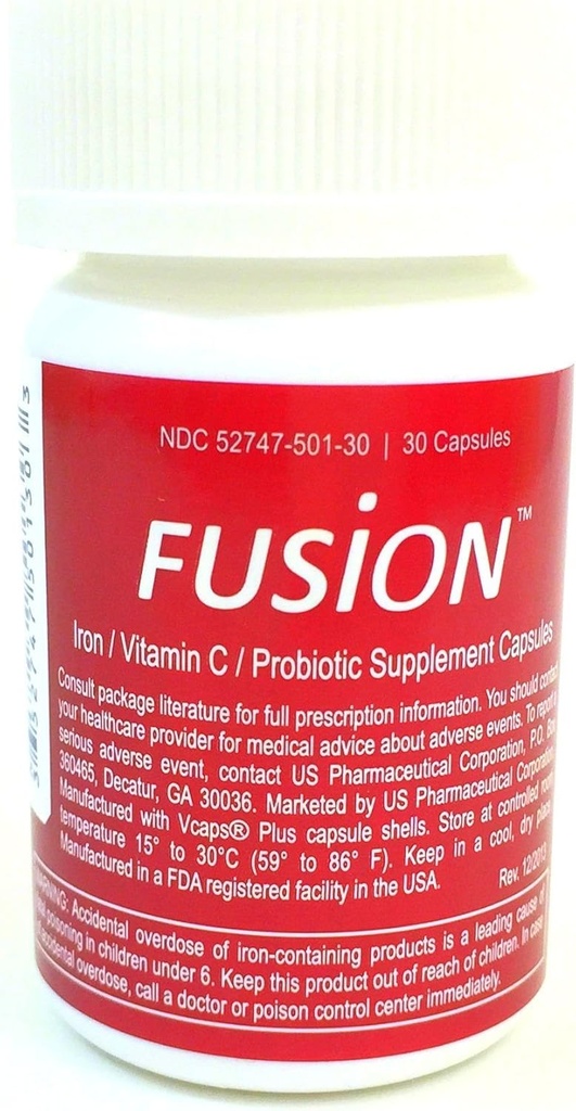 Fusion Iron Supplement - 65 mg Ferrous Fumarate - 65 mg Polysaccharide Iron Complex Boosted by Patented Probiotics and Vitamin C