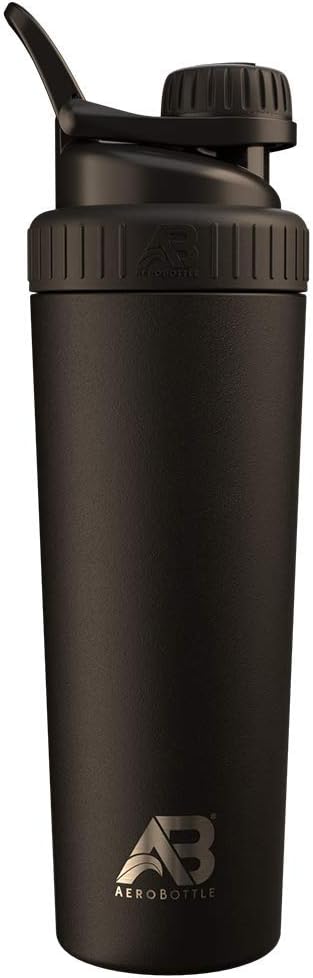 AeroBottle Cryo Shaker Cup, Insulated Stainless Steel Water Bottle and Protein Shaker, Mixes Protein and Pre Workout With Turbulent Mixing Technology, No Blending Ball or Wisk, 26oz, Black Ice