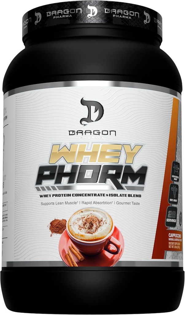 DRAGON PHARMA Whey Protein Blend, Fast Absorption, Gluten Free, 100% Whey Protein, WheyPhorm, Maximize Recovery, Great Tasting, 25 Grams of Protein (26 Servings, Cappuccino)