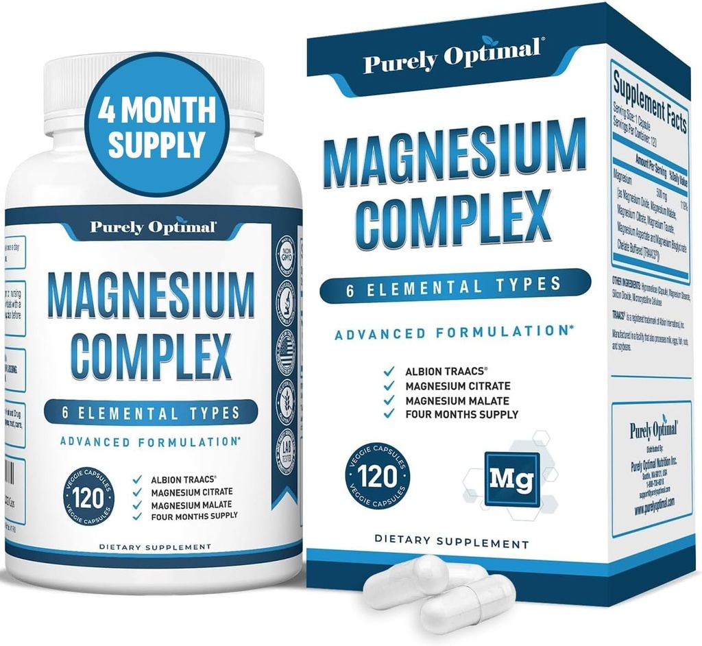 Purely Optimal Magnesium Complex - 6 Forms Magnesium Glycinate, Citrate & Malate - Sleep Support, Stress Relief, Muscles, Heart Health & Relaxation - Magnesium Supplement for Women & Men, 120 Caps