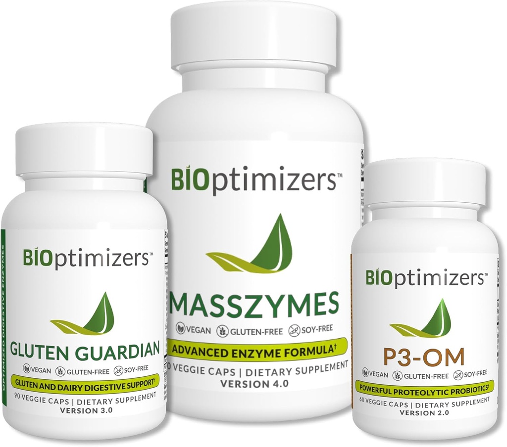 BiOptimizers Complete Gut Health Bundle - Digestive Enzymes with Probiotics and Prebiotics - Bloating Relief and Digestive Balance - P3-OM, Gluten Guardian, MassZymes (270 Capsules)