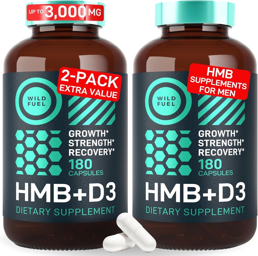 HMB and Vitamin D3 Supplement Capsules - B-Hydroxy B-Methylbutyrate 1,000-3,000 MG HMB Supplements with Vitamin D3 - Muscle Growth, Strength, Performance, Pre-Workout, Muscle Recovery - 360 Caps