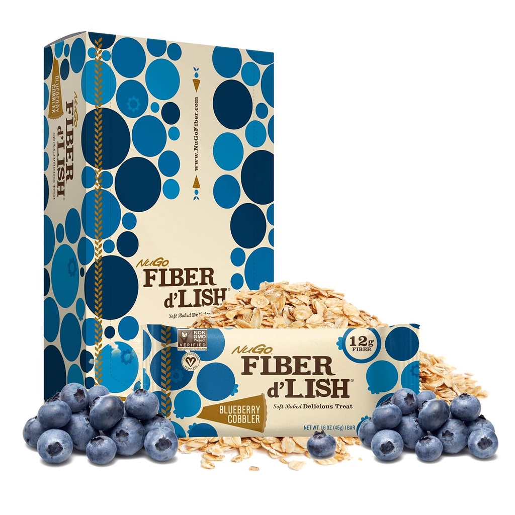 NuGo Fiber d'Lish Blondie 16 Count and Blueberry Cobbler 16 Count Bars, 12g Fiber, 150-160 Calories