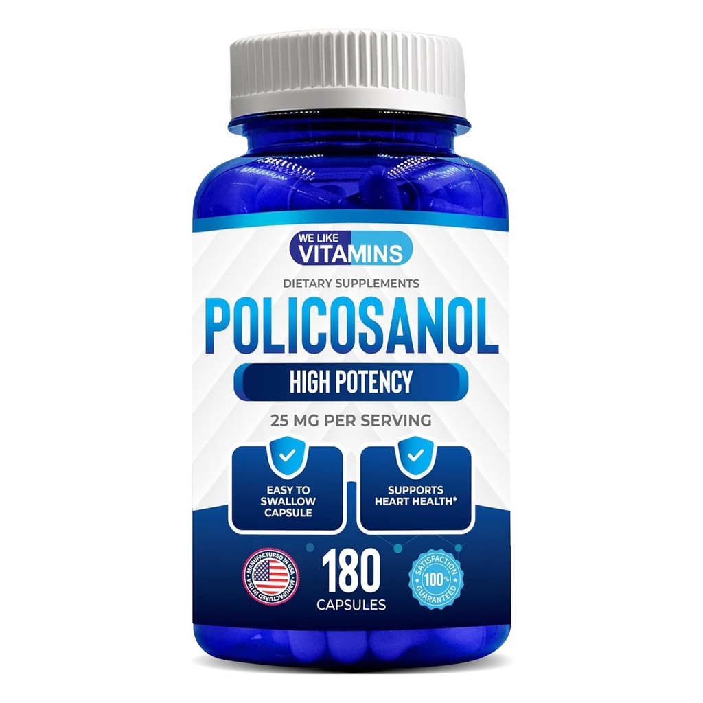 We Like Vitamins Policosanol 25mg - 180 Capsules - Policosanol Supplement Made from Natural Sugar Cane - Non-GMO and Gluten-Free