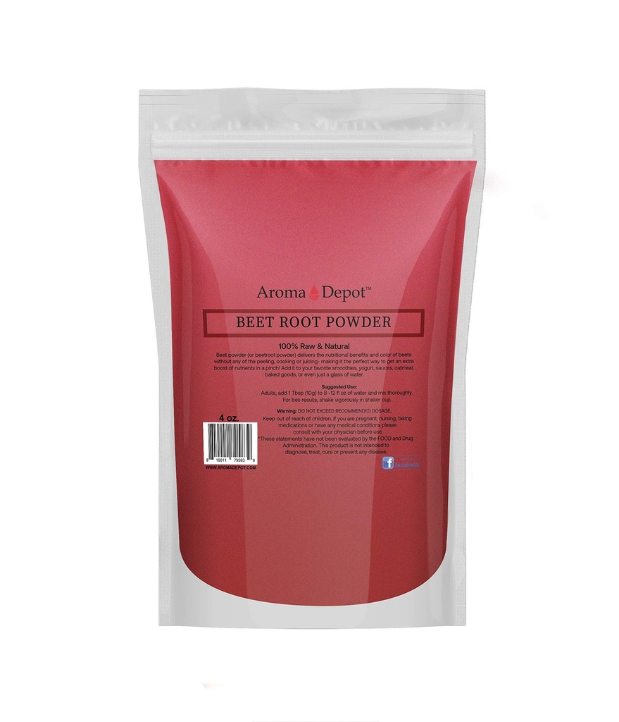Beet Root Powder 4oz by Aroma Depot Raw & Non-GMO I Vegan & Gluten Free I Nitric Oxide Booster I Boost Stamina and Increases Energy I Immune System Booster I 100% Natural