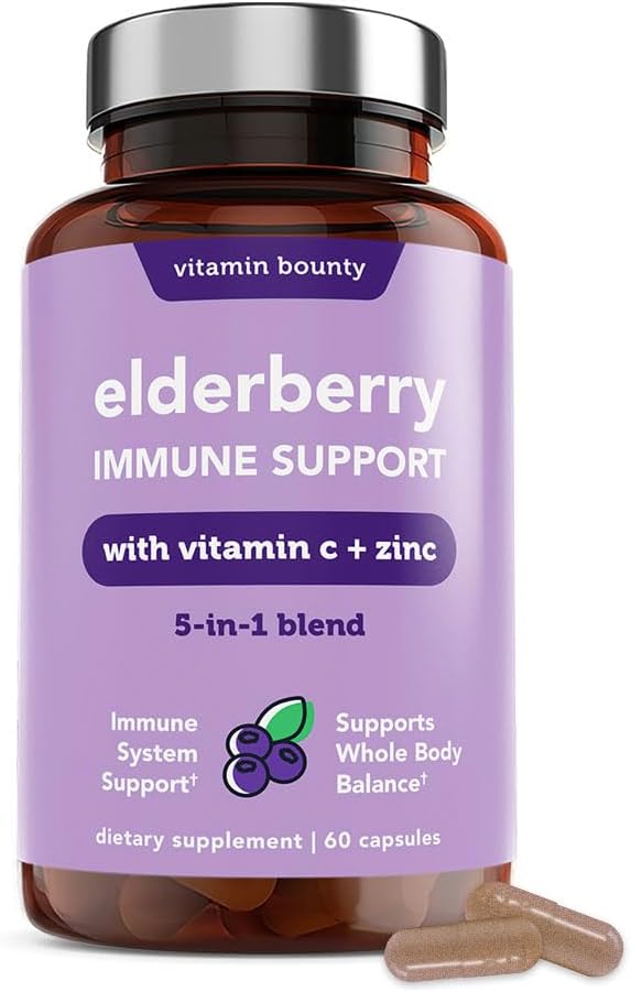 Vitamin Bounty Elderberry Organic Elderberry Capsules for Adults - Vitamin C and Zinc Supplement, & Echinacea, Immune System Support, Advanced 5-in-1 Blend, Non-GMO - 60 Capsules