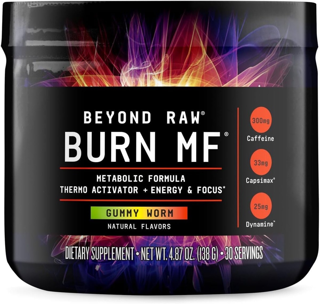 BEYOND RAW Burn MF, Metabolic Formula, Thermo Activator, Supports Energy and Focus, Gummy Worm, 30 Servings