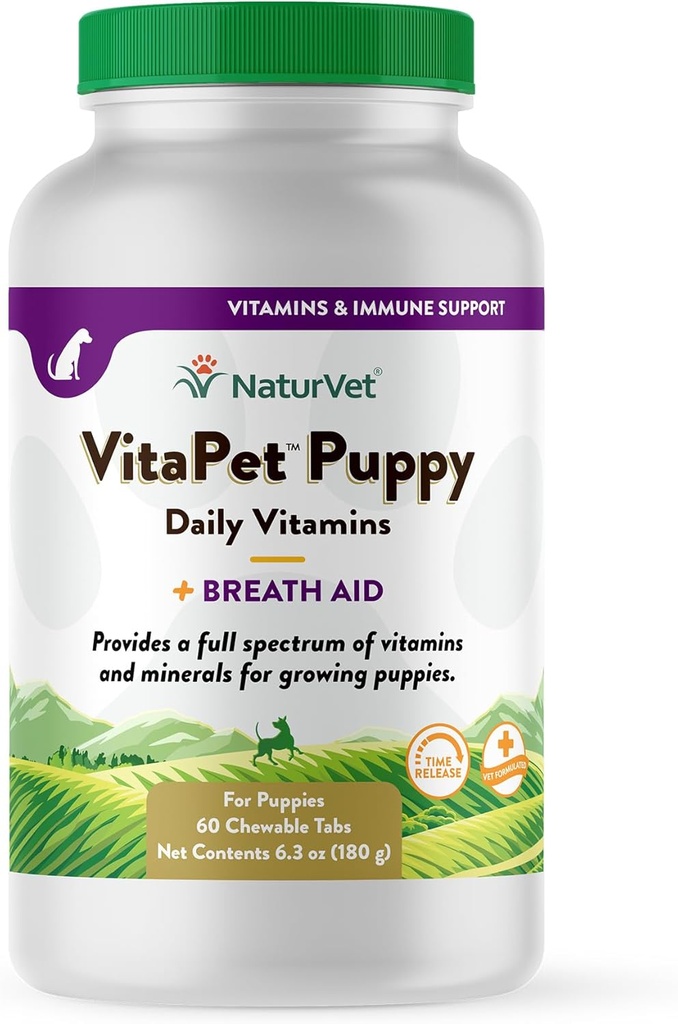 NaturVet VitaPet Puppy Daily Vitamins Plus Breath Aid for Puppies, 60 ct Time Release, Chewable Tablets, Made in The USA with Globally Source Ingredients