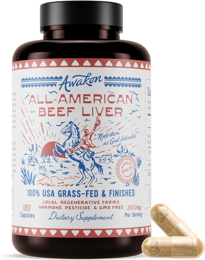 All American Beef Liver Capsules | 100% USA Grass Fed Pasture Raised | Non GMO, Hormone Free | Immunity, Digestion, Energy, w/Vitamin A, Natural Heme Iron, B-12 | Freeze Dried (180ct, 3000mg)