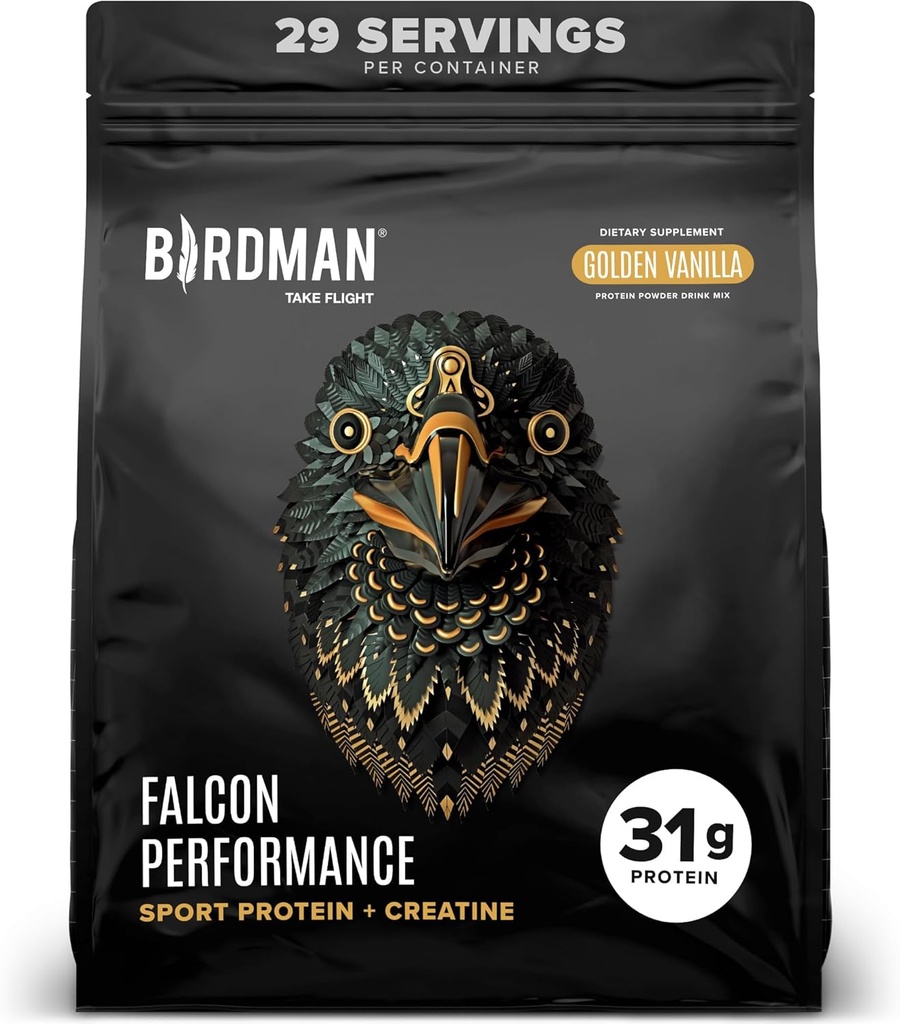 BIRDMAN Falcon Performance Vegan Protein Powder, 31g Protein, 5g Creatine, 5g BCAA, Probiotics, Electrolytes, Pre Workout, Low Carb, Sugar Free & Dairy Free, Plant Based Vanilla Protein, 29 Servings
