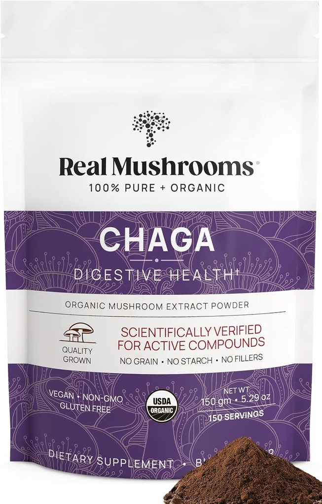 Real Mushrooms Chaga Mushroom Powder – Organic Chaga Extract from Fruiting Body – for Wellness & Energy Support – Vegan, Non-GMO, 150 Servings – Mushroom Supplement for Daily Use