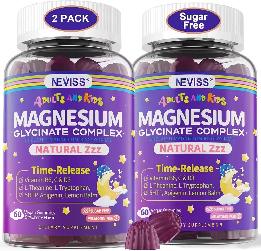Magnesium Glycinate Gummies for Adults & Kids 4+, Sugar Free Magnesium Bisglycinate Supplement 400/200mg with B6D3, 5HTP, L-Theanine for Sleep & Relaxation, Brain, Muscle, Melatonin Free Gummies,2Pack