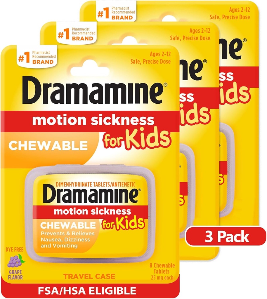 Dramamine Kids Chewable, Motion Sickness Relief, Grape Flavor, 8 Count, 3 Pack