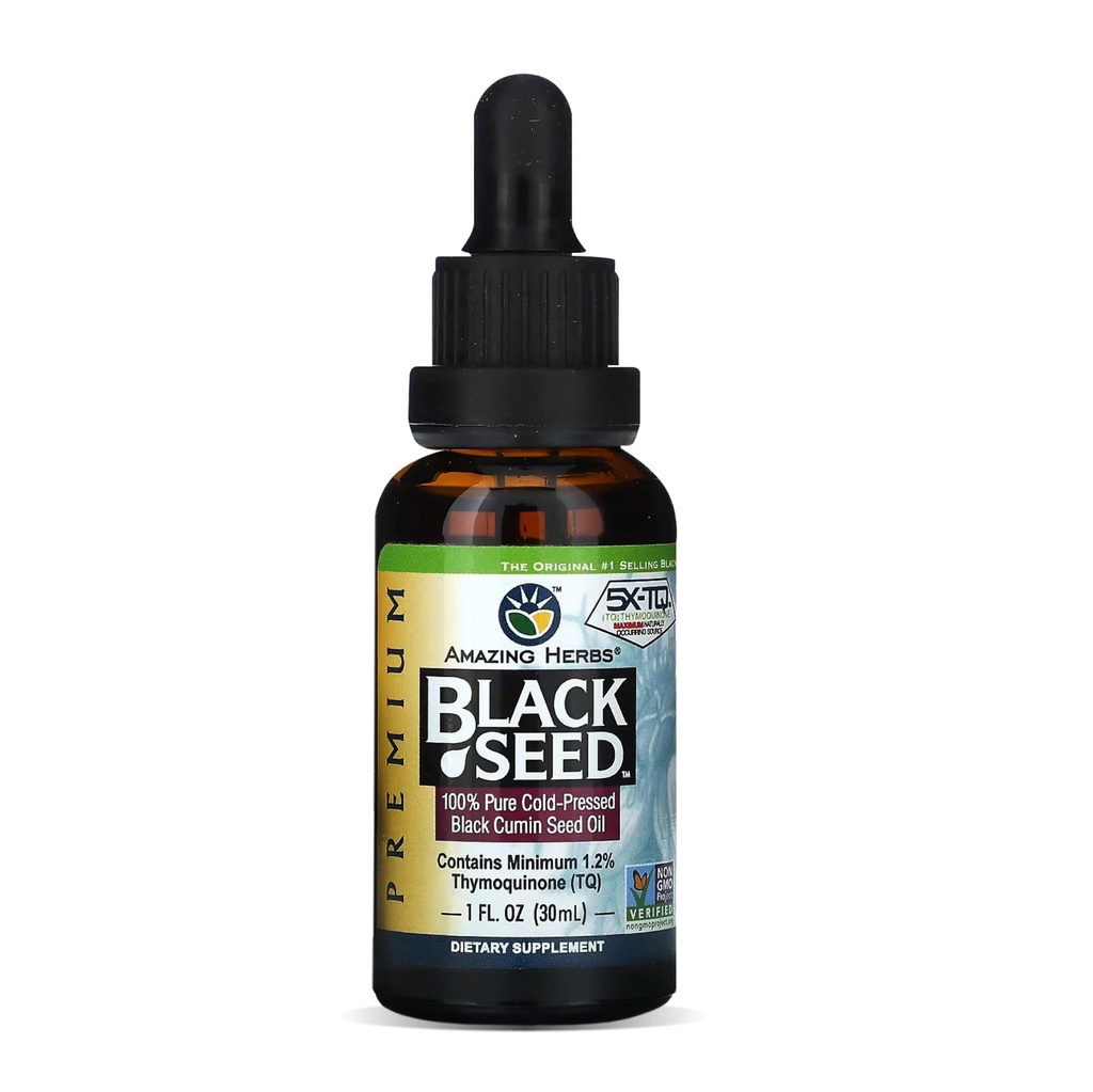 Amazing Herbs Premium Black Seed Oil - Cold Pressed Nigella Sativa Aids in Digestive Health, Immune Support, Brain Function, Joint Mobility, Gluten Free, Non GMO - 1 Fl Oz