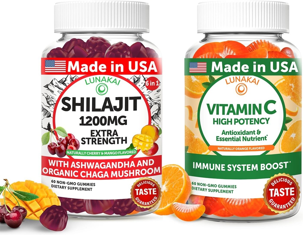 Lunakai USA Made Shilajit & Vitamin C High Potency Gummies Bundle – Energy and Immune Support – Non-GMO & Delicious