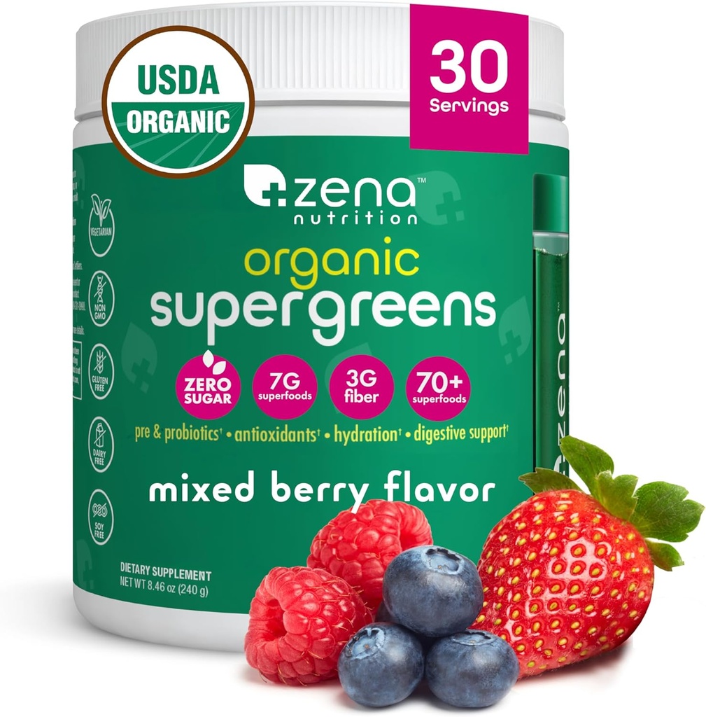 Zena Nutrition Organic Super Greens Powder, 70+ Superfoods, 0 Sugar, 3G Fiber, Spirulina, Chlorella, Antioxidants, Prebiotics/Probiotics, Digestive Enzymes, Mixed Berry, 30 Servings