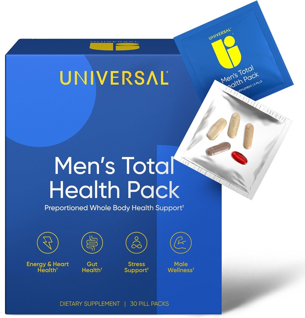 Men's Total Health Daily Vitamin Packs - 22 Essential Minerals & Vitamins for Men, All-in-One Multivitamin Supplement for Energy, Stress Support, Heart, Gut Health with Krill Oil, Adaptogens - 30 Pack