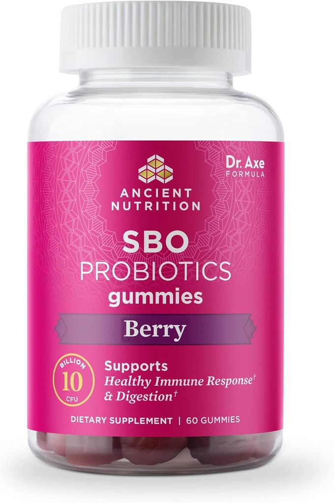 Ancient Nutrition Probiotics, SBO Probiotics Berry Gummies 10 Billion CFUs*/Serving, Healthy Digestive and Immune Response Support, Gluten Free, Reduces Occasional Bloating, 60 Count